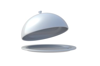 Açık kapaklı metal yemek tepsisi beyaz arka planda izole edilmiş. Lokanta saati. Yemek servisi aletleri. 3d hazırlayıcı