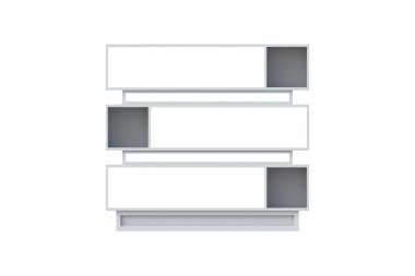 Raflar beyaz arka planda izole edilmiş. Modern kitaplık. Şık bir kitaplık. Çağdaş bir gösteri. Boş kitap rafı. Ev ya da ofis mobilyaları. Ön manzara. 3d hazırlayıcı