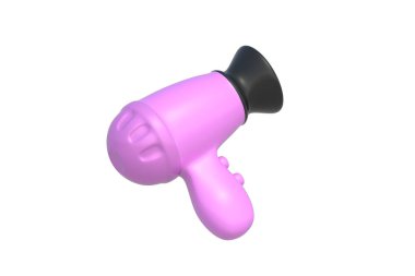 Beyaz arka planda izole edilmiş pembe saç kurutma makinesi. Hava üfleyici. Güzellik salonu aksesuarları. Berber dükkanı için bir alet. Kuaför cihazı. 3d hazırlayıcı