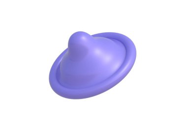 Beyaz arka planda izole edilmiş mor renkli prezervatif. Erkek doğum kontrol hapı. Zührevi hastalıklara karşı koruma. Hamileliği önleme. 3d hazırlayıcı