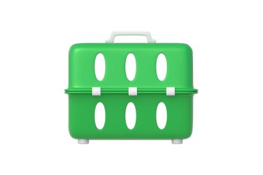 Hayvan taşıyıcısı beyaz arka planda izole edildi. Hayvan taşımacılığı için konteyner. Kedi ya da köpek için plastik kafes. Kedi ya da köpek yavrusu için taşınabilir güvenlik kasası. Yan görüş. 3d hazırlayıcı