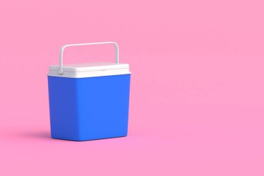 Closed portable fridge on pink background. Ice cooler. Freezer box for beverage or food. Equipment for picnic. Copy space. 3d render
