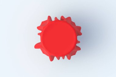 Gri arka planda kırmızı kumaşlı bir masa. Yuvarlak masa. Kafe için mobilya. Üst Manzara. 3d hazırlayıcı