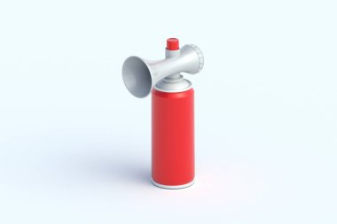 Açık gri arka planda hava kornası. Spor hayranları için ekipman. Kutlama için suç ortağı. 3d hazırlayıcı