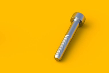 Turuncu arka planda altıgen anahtarı için cıvata. Donanım aleti. İnşaat malzemeleri. Uzayı kopyala 3d hazırlayıcı