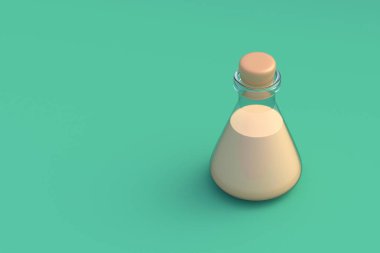 Yeşil arka planda sıvı bulunan bir kimya şişesi. Laboratuvar ekipmanları. Bilim kadehleri. Uzayı kopyala 3d hazırlayıcı