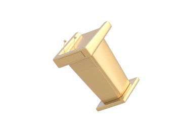 Beyaz arka planda izole edilmiş altın konuşma podyumu. Duyuru standı. Tartışma Tribünü. Basın toplantısı için Rostrum. 3d hazırlayıcı