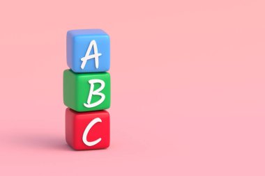 Bej arka planda anaokulu eğitimi için ABC küpleri. Okumak için harf içeren renkli bloklar. İngilizce öğreniyorum. Uzayı kopyala 3d hazırlayıcı