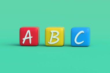 Yeşil arka planda anaokulu eğitimi için ABC küpleri. Okumak için harf içeren renkli bloklar. İngilizce öğreniyorum. 3d hazırlayıcı