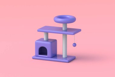 Bej arka planda kedi kulesi. Yavru kedi evi. Ağaca karşılık kedi. 3d hazırlayıcı