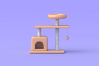 Mor arka planda kedi kulesi. Yavru kedi evi. Ağaca karşılık kedi. 3d hazırlayıcı
