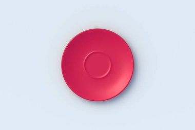 Gri arka planda bir fincan tabağı. Yuvarlak tabak. Mutfak aletleri. Üst Manzara. 3d hazırlayıcı
