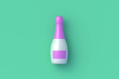 Yeşil arka planda şampanya şişesi. Alkolik içki. Köpüklü şarap. Ön manzara. Üst Manzara. 3d hazırlayıcı