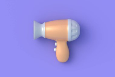Menekşe arka planda saç kurutma makinesi. Hava üfleyici. Güzellik salonu aksesuarları. Berber dükkanı için bir alet. Kuaför cihazı. Üst Manzara. 3d hazırlayıcı