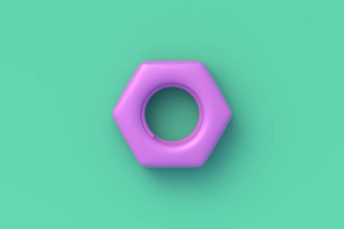 Yeşil arka planda metal ceviz. Mekanik malzemeler. İnşaat için bir araç. Üst Manzara. 3d hazırlayıcı