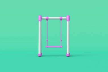 Yeşil arka planda bir oyun parkı için sallan. Anaokulu ekipmanları. Ön manzara. 3d hazırlayıcı