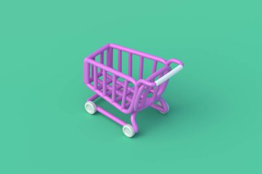 Yeşil arka planda alışveriş için el arabası. 3d hazırlayıcı