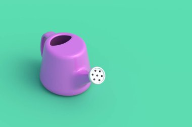 Yeşil arka plandaki su bidonu. Bahçe malzemeleri. Çiftçilik aleti. Çocuklar için oyuncak. Uzayı kopyala 3d hazırlayıcı