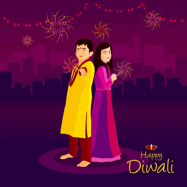 Mutlu bayramlar. Işık festivali, tebrik kartı. İçinde küçük bir kız olan Diwali renkli posterler. Deepavali ışık ve ateş festivali. Hint derin Hint ışık festivali. Vektör İllüstrasyonu.