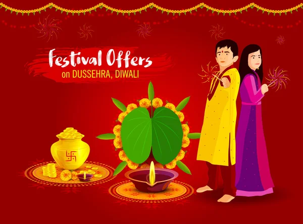 Happy Diwali Happy Dussehra Happy Dhanteras Illustration Mit Menschen Blumen — Stockvektor