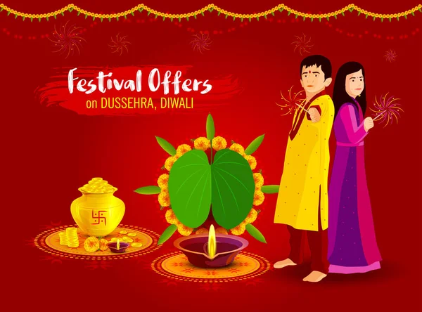 Mutlu Diwali, Mutlu Dussehra, Mutlu Dhanteras. İnsanların, çiçeklerin, yaprakların olduğu bir hayal. Sade arka planda iyi dekore edilmiş.