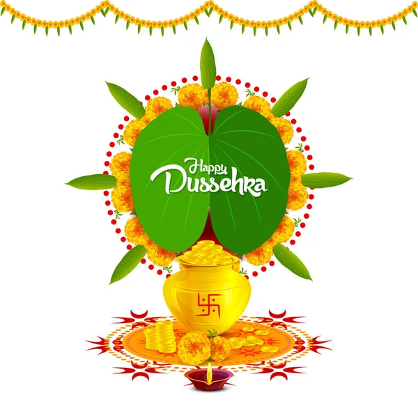 Felice Dussehra Happy Dussehra Illustrazione Con Fiori Foglie Diya Ben — Vettoriale Stock