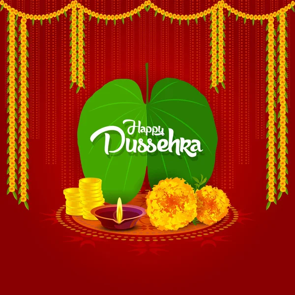 Mutlu Dussehra. Çiçek süslemesi, yapraklar ve diya içeren mutlu Dussehra Resimleri. Sade arka planda iyi dekore edilmiş.