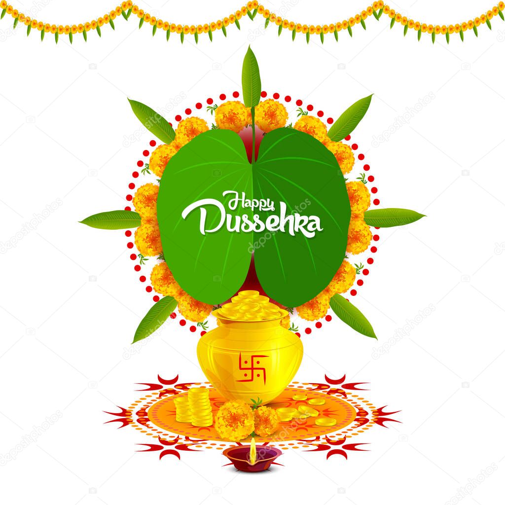 Happy Dussehra. Happy Dussehra Illustration having flowers, leaves, diya. Well decorated on plain background.