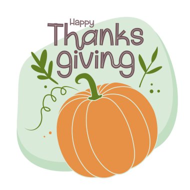 Basit ve zarif bir Şükran Günü illüstrasyonunda organik yapraklı ve el yazısıyla yazılmış büyük bir balkabağı gösterilir. Modern vektör tasarımı bayram tebrik kartları, basılabilir tablolar, dijital posterler ve sonbahar temalı markalar için mükemmeldir..