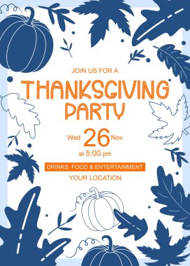 Sonbahar yaprakları ve balkabaklarıyla süslenmiş koyu mavi ve turuncu kontrastlı temiz ve çağdaş bir Şükran Günü davetiyesi. Mevsimlik promosyonlar, parti posterleri ve bayram karşılama malzemeleri için ideal..