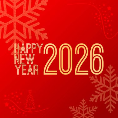 2026 yılının canlı kırmızı yılbaşı kutlamaları dekoratif kar taneleri, şenlik ikonları ve kalın tipografi ile. Parti davetiyeleri, sosyal medya, afişler ve kutlama tasarımları için ideal.