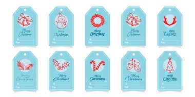 A collection of festive Christmas gift tags featuring adorable line-art illustrations such as bells, snowman, wreath, holly, candy cane, stockings, reindeer antlers, and Christmas tree. Printed in a modern color palette of soft blue with red accents.