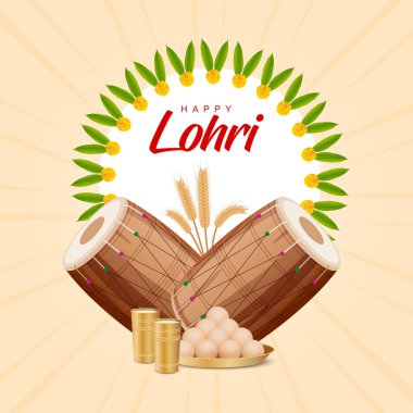 Renkli bir Lohri-temalı vektör tasarımı çifte dhols, buğday demetleri, tatlılar ve çiçek şeklinde dairesel bir çerçeve sergiliyor. Tebrik kartları, posterler ve festival tanıtım sanatı için uygun.