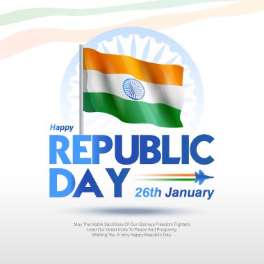 Hint bayrağı ve üç renkli duman izi bırakan savaş jetleri içeren bir Cumhuriyet Günü vektörü. Vatansever kutlamalar, savunma temalı posterler, 26 Ocak kampanyaları ve etkinlik promosyonları için ideal..