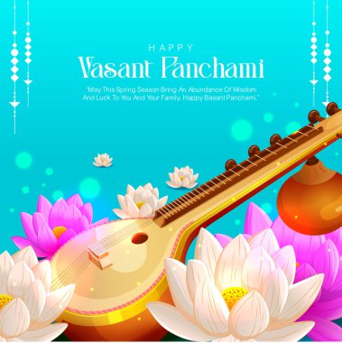 Veena, nilüferler ve kültürel dekoratif unsurlarla birlikte taze mavi temalı Vasant Panchami illüstrasyonu. Mevsimlik selamlar, afişler, posterler, duvar sanatı ve sosyal medya festivali içeriği için mükemmel.