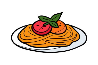 Domates ve Basil Vektör İllüstrasyonlu Makarna Tabağı İtalyan Yemek Simgesi