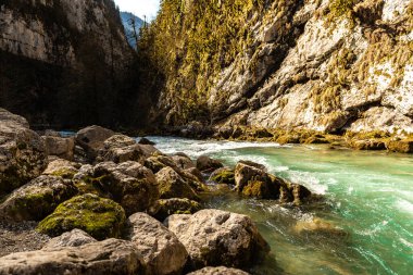 Abhazya 'da yeşil yosun duvarı, dağ dokuları, taş, su. Güzel arka plan. Yosun ve taşın dokusu.