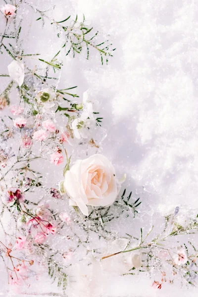 Flowers in the ice. Flower arrangement frozen in ice on a white background