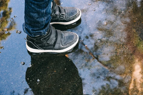 Children Games Feet Water Sneakers Feet Puddle — Stock Photo, Image