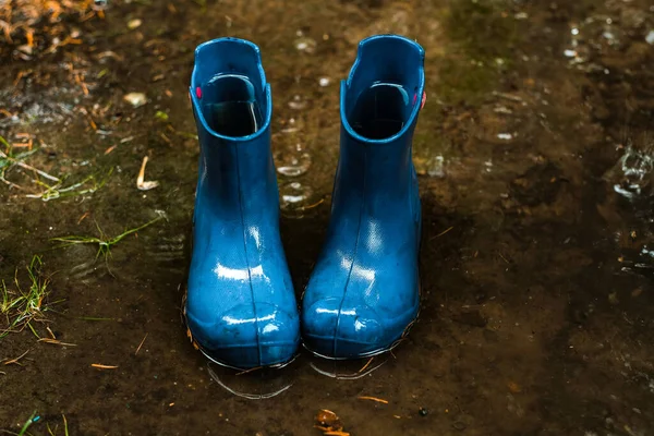 Close Blue Rubber Waterproof Shoes Puddle Rain — Stock Photo, Image