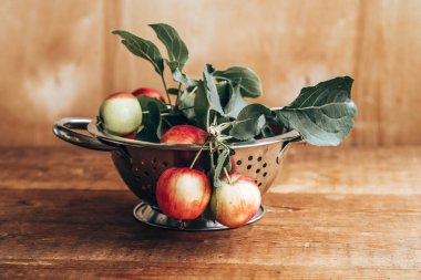 Elma hasatı Bir sürü elma. Ahşap bir arka planda. Taze hasat.