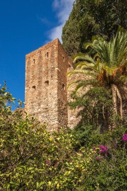 Malaga 'daki tarihi Alcazaba kalesinin manzarası. Endülüs, İspanya 'daki İslam döneminden kalma tuğla duvarları, bahçeleri ve kemerleri olan Fas askeri mimarisi.