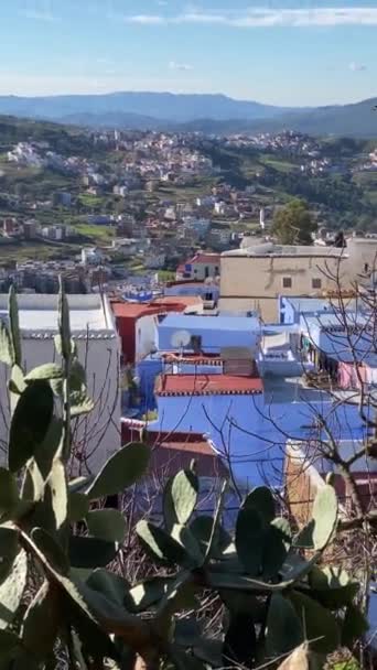 摩洛哥的蓝色城市Chefchaouen 。阳光灿烂的日子。梯形屋顶景观 — 图库视频影像