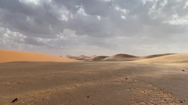 雲の多い空と美しい砂丘の砂漠で砂嵐が始まり — ストック動画