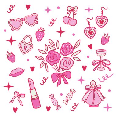 Zarif Kozmetik, Mücevher ve Çiçek Elementleri ile Güzellik Temalı İllüstrasyon Koleksiyonu