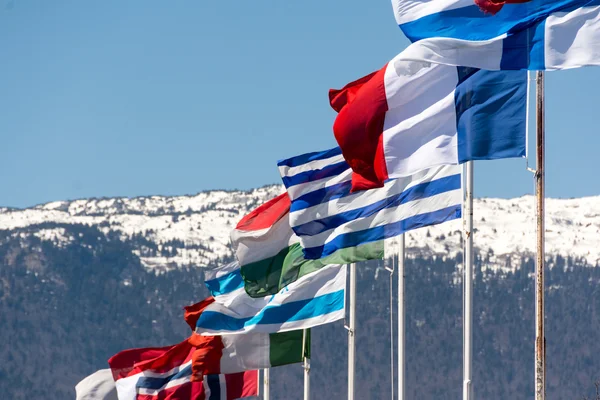 Flags of different countries with mountains in the background Royalty Free Stock Images