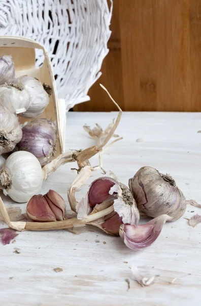 Garlic on the table. Unwashed vegetables, farm product — Stock Photo, Image