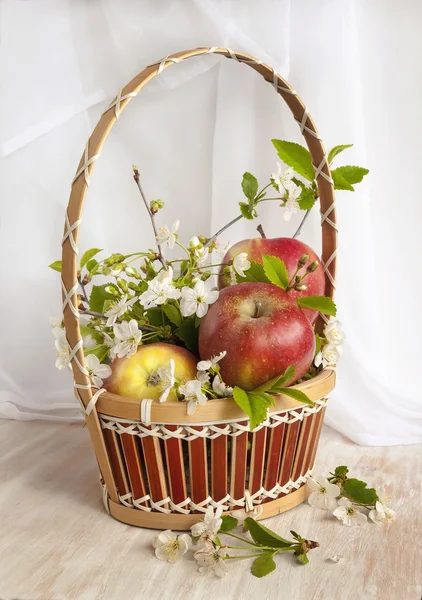 Korb mit Äpfeln und Zweigen mit Blumen — Stockfoto