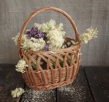 Otlar ve çiçek sepeti.