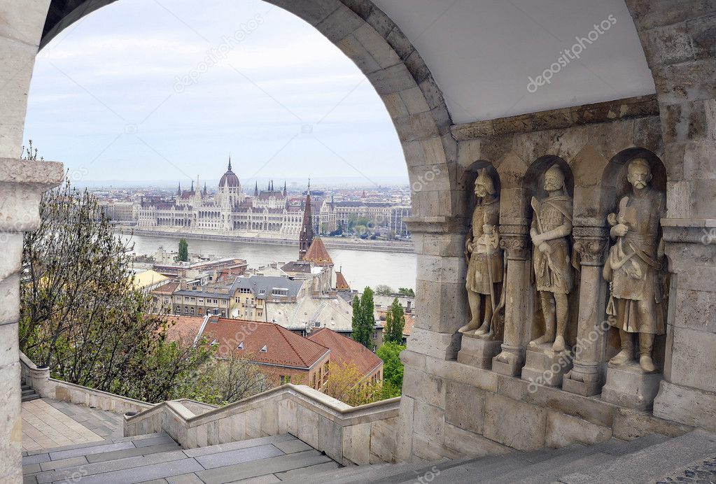 View of the Parliament building in Budapest and the Fisherman's Bastion stairs